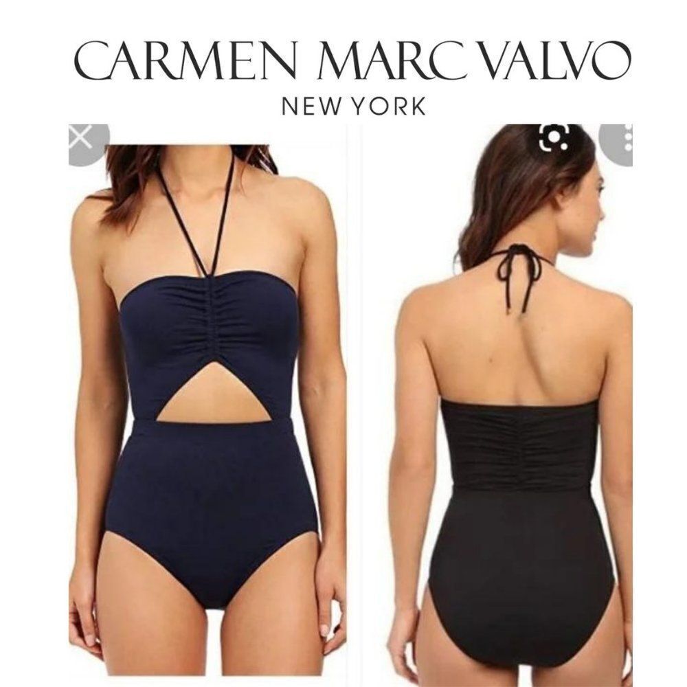 Carmen Marc Valvo Women's Black Drawstring Bandeau swimsuit center cutout sz 14